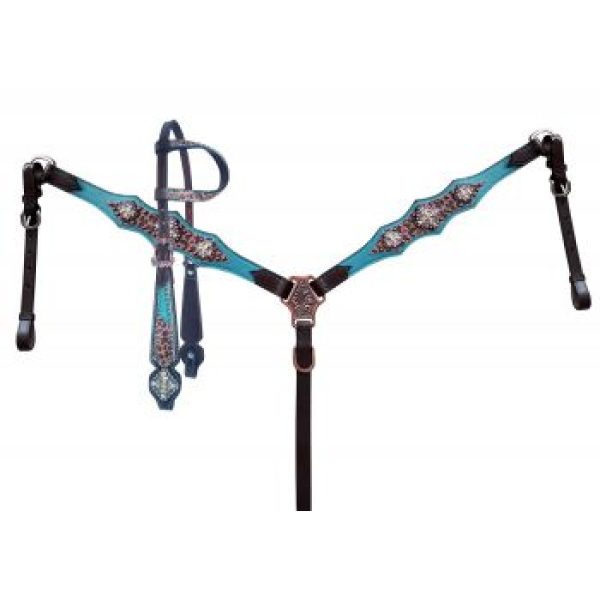 Showman Cheetah & Teal Leather One Ear Headstall & Breast Collar Set