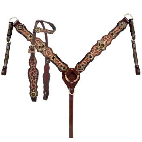 Showman® Cheetah Print One Ear Headstall & Breastcollar Set & Beads & Crystal Conchos