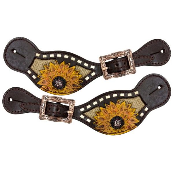 Showman Ladies Spur Straps & Painted Sunflower Burlap Inlay