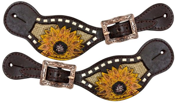 Showman Ladies Spur Straps & Painted Sunflower Burlap Inlay