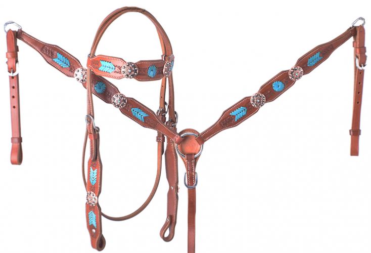 thumbnail image 2 of Premium Western Leather Headstall Bridle & Breast Collar Set - Feather Arrow Tooled, Full Size, Adjustable 2 of 10