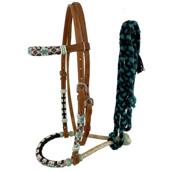 Showman Leather Bosal Headstall Southwest Beaded Design & Black/Teal Cotton Mecate Reins