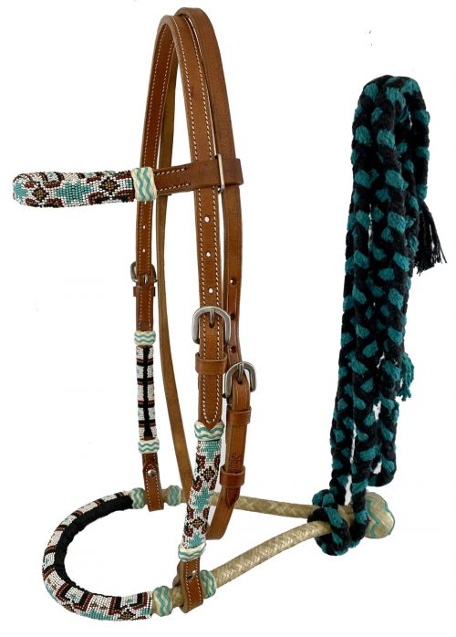 Showman Leather Bosal Headstall Southwest Beaded Design & Black/Teal Cotton Mecate Reins