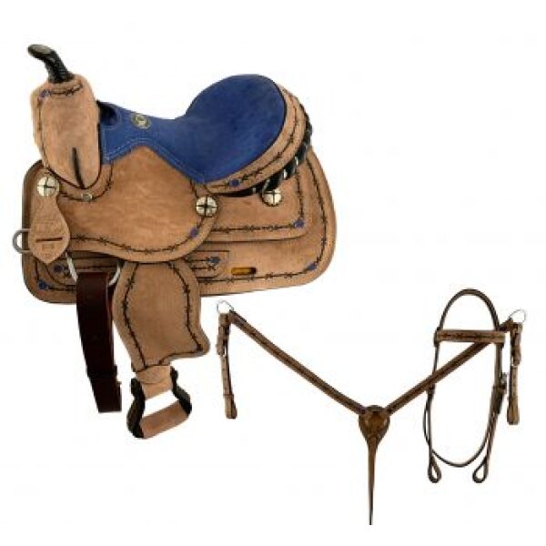 12" Double T Youth Pleasure Style Saddle Set Blue Suede Seat Barbwire Branding & Blue Flower