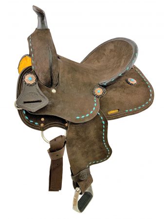 13" Double T Barrel Style Saddle Oiled Roughout Leather, Teal Buckstitch Accents & Flower Conchos