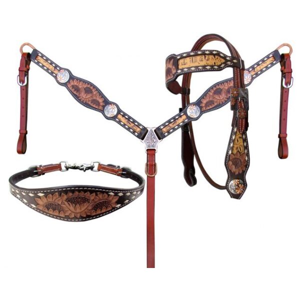 Showman Sunflower Tooled Leather Browband Headstall & Breastcollar Set