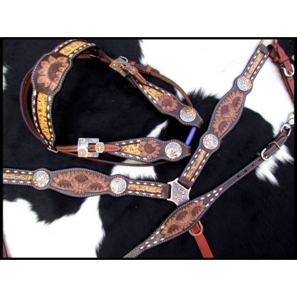 Showman Sunflower Tooled Leather Browband Headstall & Breastcollar Set - Image 2