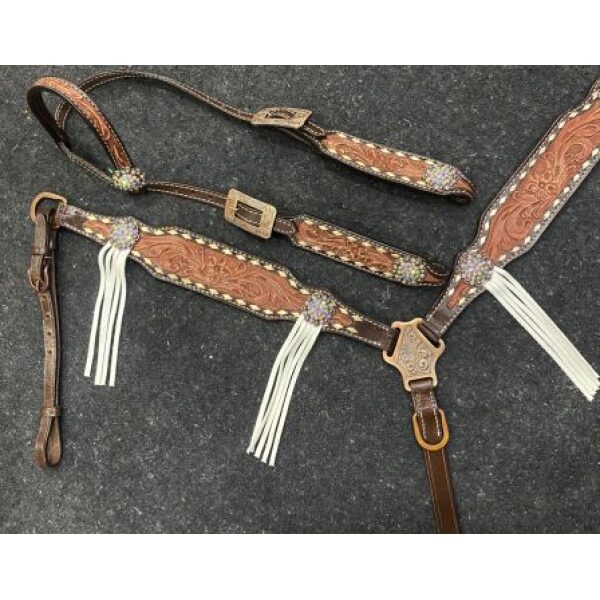 Showman Two-Tone Tooled Single Ear Headstall & Breastcollar Set w/ Rawhide Lacing & Fringe Accents - Image 2