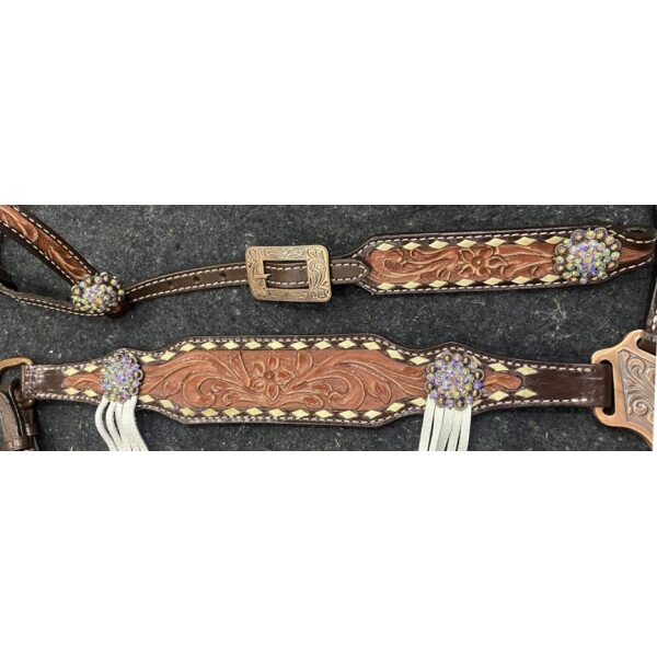 Showman Two-Tone Tooled Single Ear Headstall & Breastcollar Set w/ Rawhide Lacing & Fringe Accents - Image 3