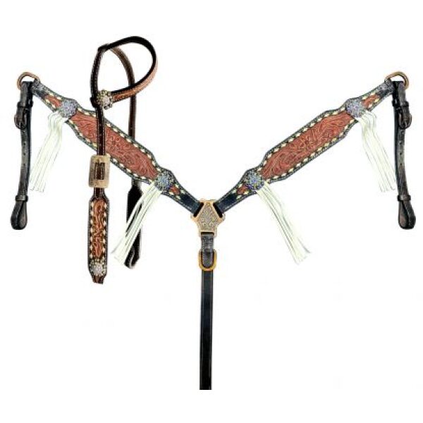 Showman Two-Tone Tooled Single Ear Headstall & Breastcollar Set w/ Rawhide Lacing & Fringe Accents