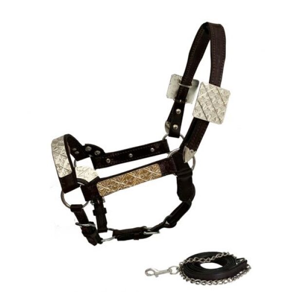 Showman Mini Size Double Stitched Leather Show Halter w/ Floral Engraved Silver Plates