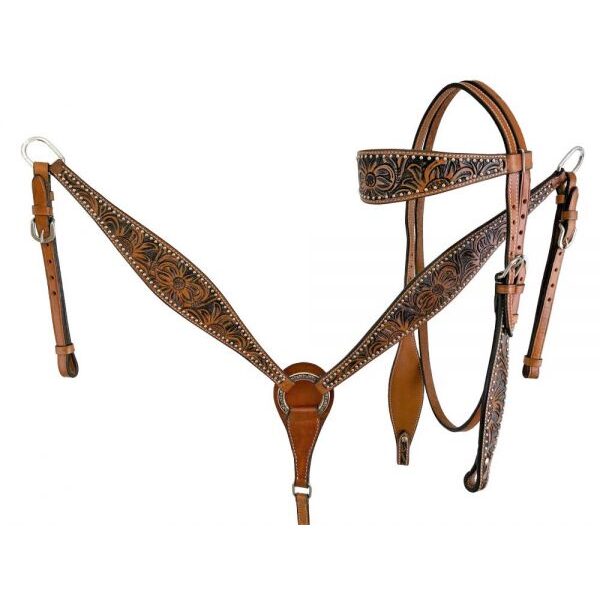 Showman Floral Tooled Design Browband Bridle & Breastcollar Set w/ Silver Bead Accents