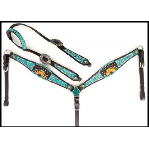 Showman Turquoise Inlay w/ Painted Sunflower Accent One Ear Headstall & Breastcollar Set - Image 2