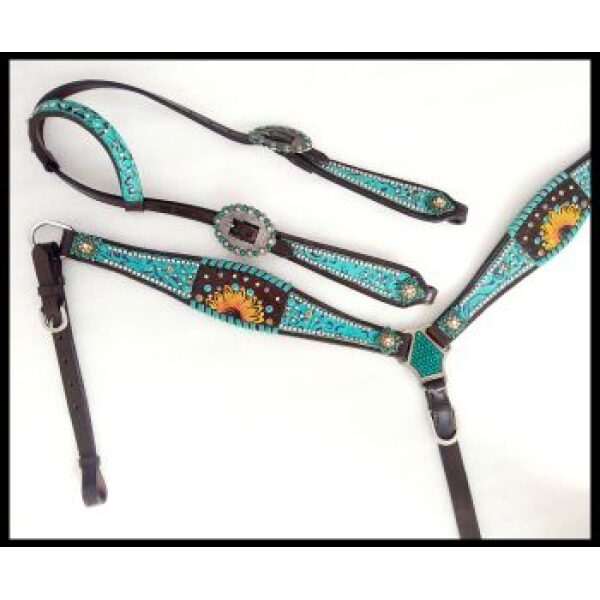 Showman Turquoise Inlay w/ Painted Sunflower Accent One Ear Headstall & Breastcollar Set - Image 4