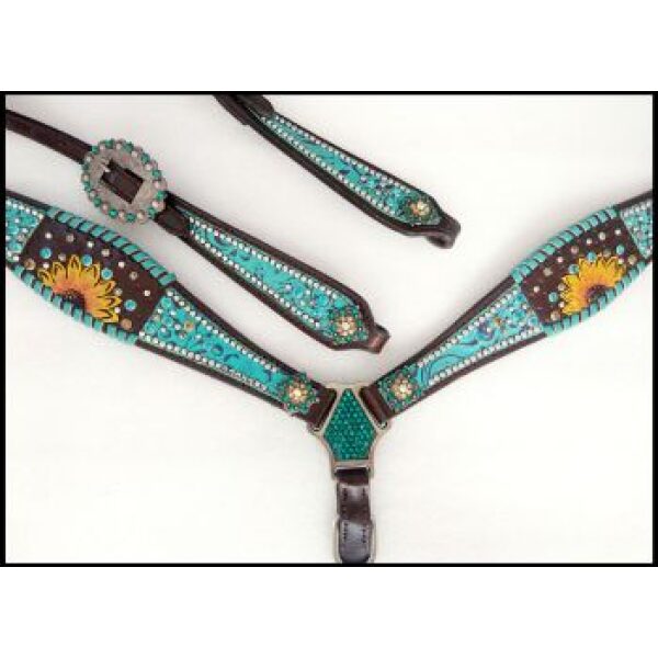 Showman Turquoise Inlay w/ Painted Sunflower Accent One Ear Headstall & Breastcollar Set - Image 3