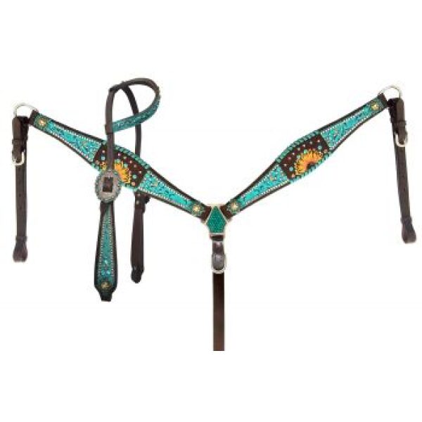 Showman Turquoise Inlay w/ Painted Sunflower Accent One Ear Headstall & Breastcollar Set