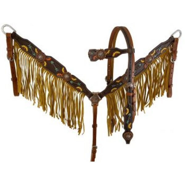 Showman Hand Painted Sunflower & Arrow Browband Headstall & Breastcollar Set w/ Fringe