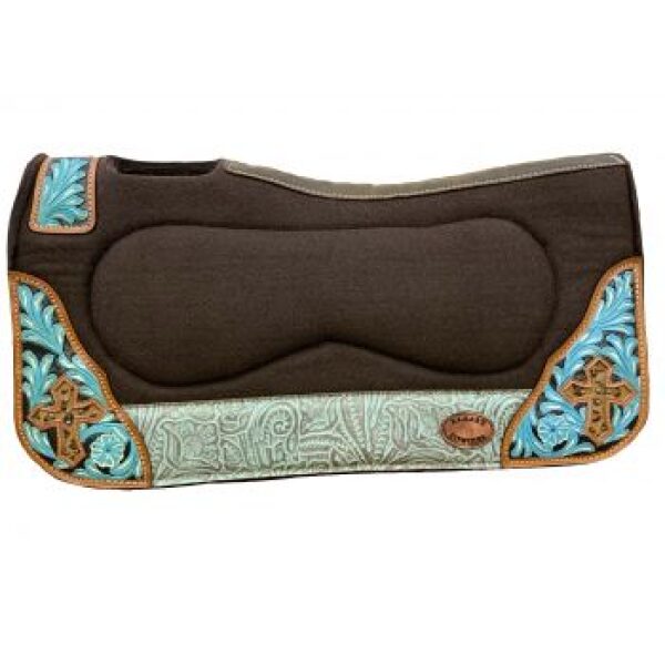 Klassy Cowgirl 1" x 28" x 30" Brown Felt Barrel Saddle Pad Teal Embossed Painted Floral Design