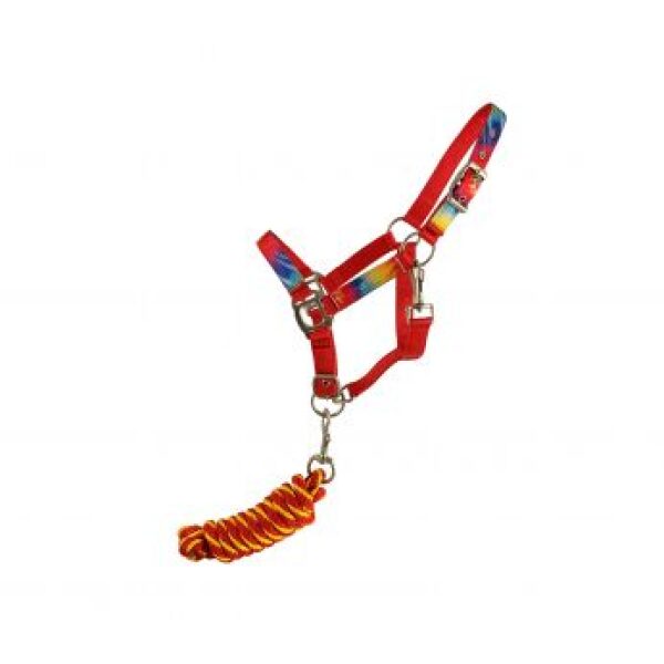 Showman Pony Triple Ply Red Nylon Halter w/ Tie-Dye Print & Lead Rope