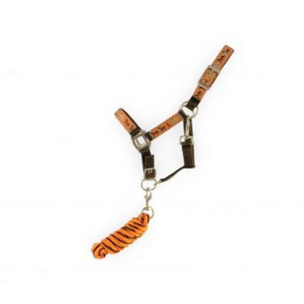 Showman Pony Triple Ply Black Nylon Halter w/ Running Horse Overlay & Lead Rope