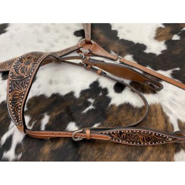 Showman Floral Tooled Design Browband Bridle & Breastcollar Set w/ Silver Bead Accents - Image 3