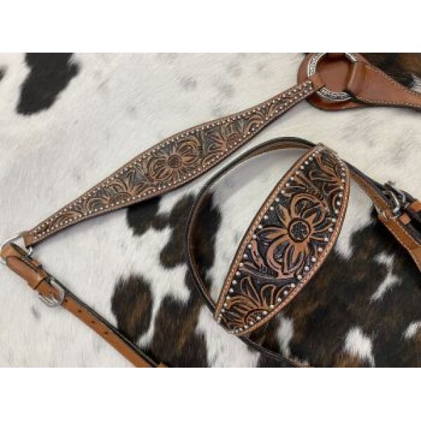 Showman Floral Tooled Design Browband Bridle & Breastcollar Set w/ Silver Bead Accents - Image 4