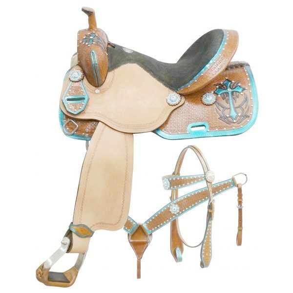 Double T BARREL SADDLE Painted TEAL Metallic CROSS with Bridle Breast Collar SET