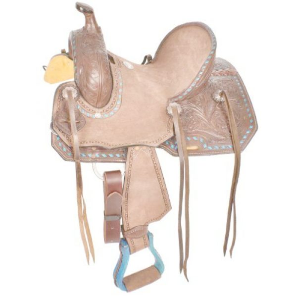 Double T ROPING Style SADDLE Hard Seat TURQUOISE Buckstitch & Chocolate Brown