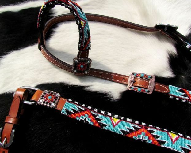 Showman AZTEC BEADED Bridle Breast Collar Reins Wither Strap 4 piece SET