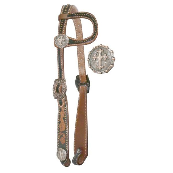 Showman CELTIC CROSS Conchos BLACK Inlay One Ear LEATHER HEADSTALL & Reins