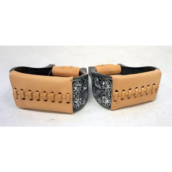 Showman Engraved Black Aluminum STIRRUPS 5" Wide 3" Neck Light Leather Tread - Image 5