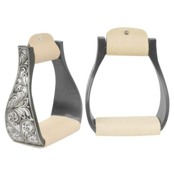 Showman Engraved Black Aluminum STIRRUPS 5" Wide 3" Neck Light Leather Tread