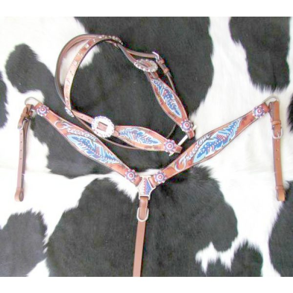 Showman FREEDOM Feather Hand Painted Leather Bridle Breast Collar & Reins SET - Image 3