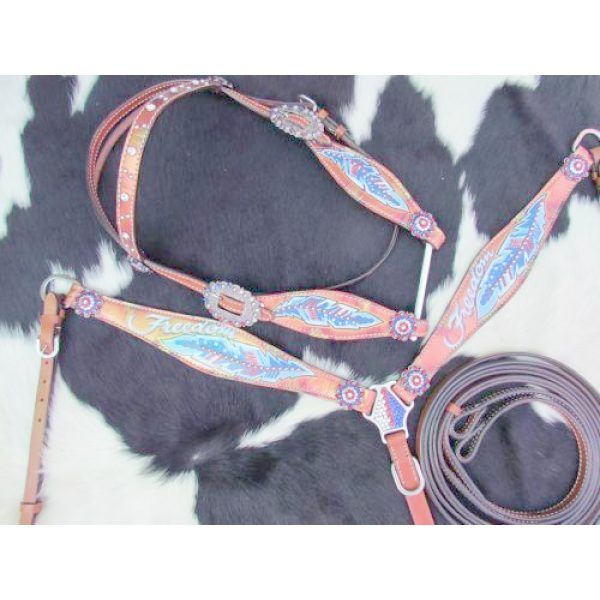 Showman FREEDOM Feather Hand Painted Leather Bridle Breast Collar & Reins SET - Image 4