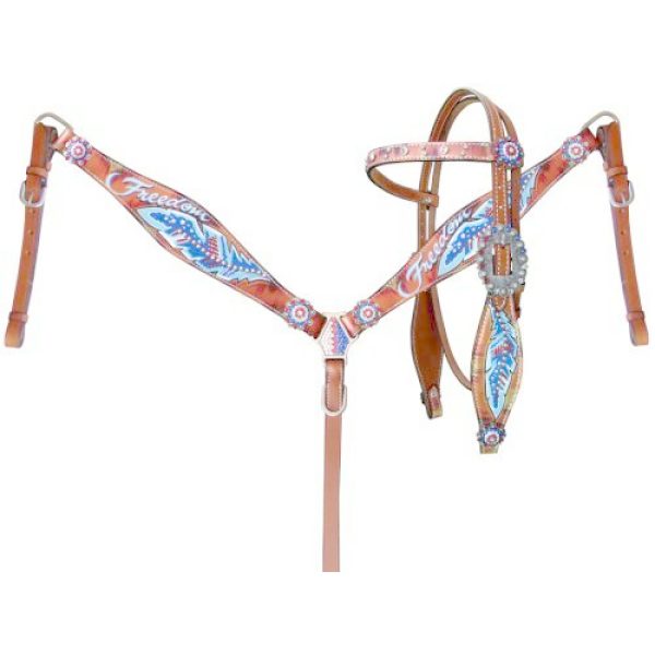 Showman FREEDOM Feather Hand Painted Leather Bridle Breast Collar & Reins SET