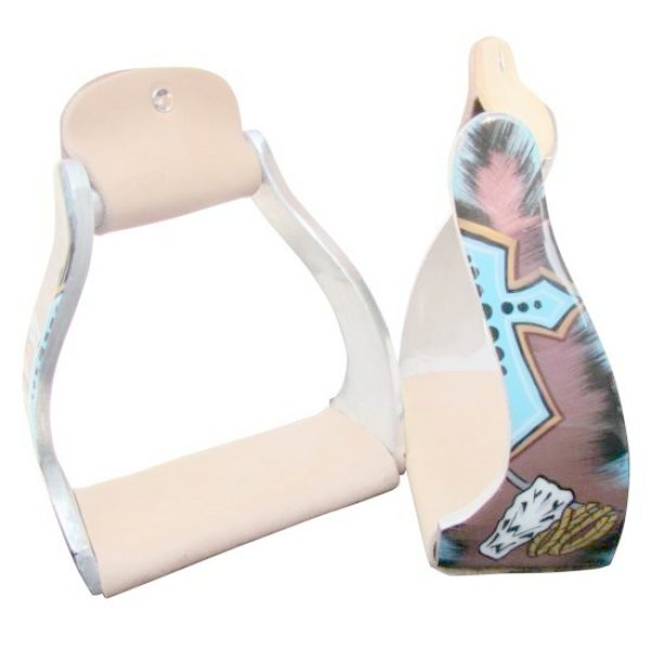 Showman YOUTH Size TEAL CROSS & STEER HEAD Lightweight Twisted Angled STIRRUPS