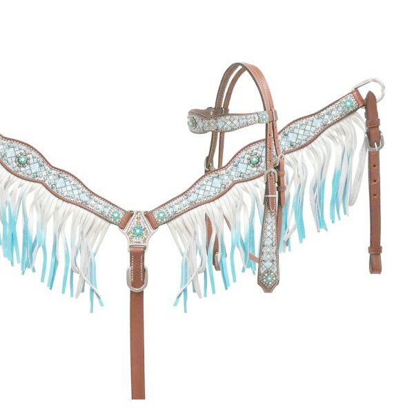 Showman Blue Diamond Leather Bridle OMBRE FRINGE Breast collar & Reins Set