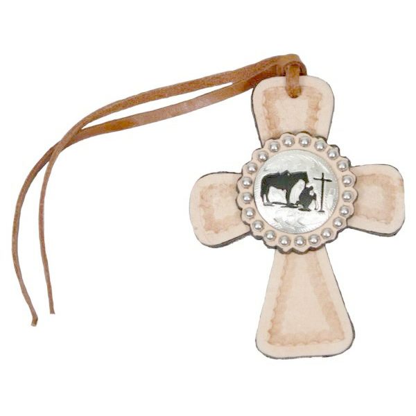 Showman Light Leather SADDLE TIE ON CROSS with PRAYING COWBOY Concho