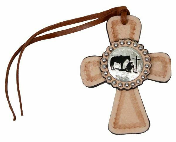 Showman Light Leather SADDLE TIE ON CROSS with PRAYING COWBOY Concho