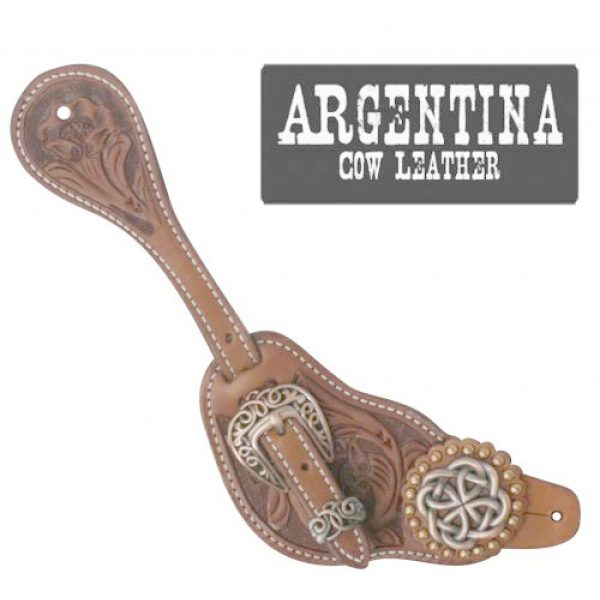 Showman MENS Size Argentina Cow Leather SPUR STRAPS Copper CELTIC KNOT Conchos