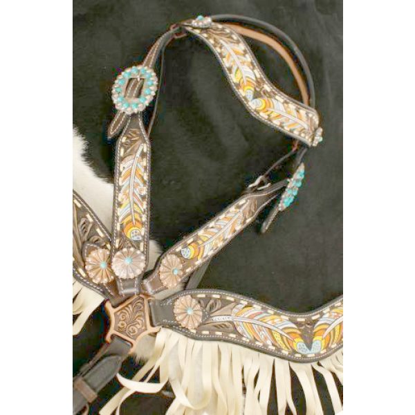 Showman Dark Leather Painted FEATHER Bridle FRINGE BreastCollar Turquoise Concho 