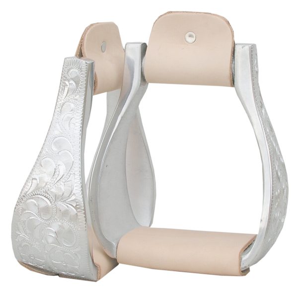 Showman Polished ALUMINUM BELL Engraved STIRRUPS with LEATHER Tread