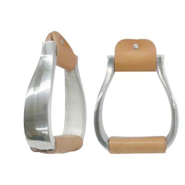 Showman Polished ALUMINUM Flat Bottom STIRRUPS with Leather Tread