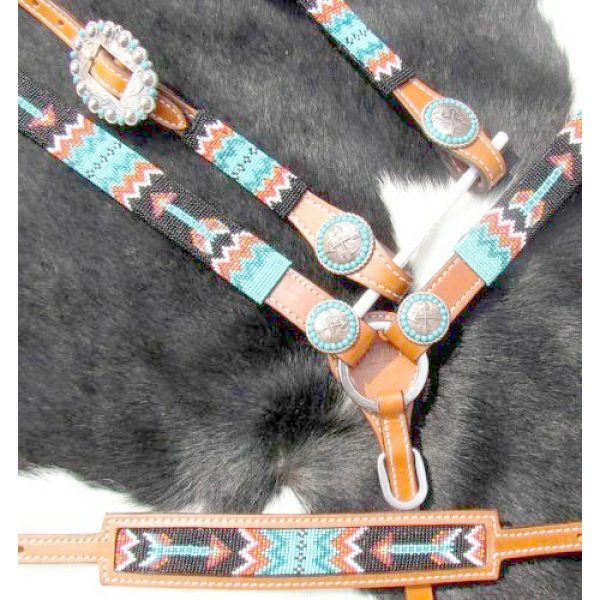 Showman TURQUOISE RED BLACK Beaded ARROW Leather Bridle Breast Collar Reins Set