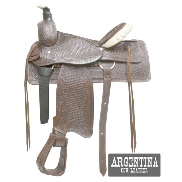 Buffalo 16" Roper SADDLE Basket Weave & Floral Tooled Argentina Cow Leather SQHB