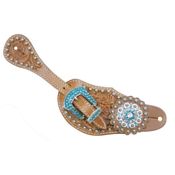 Showman LADIES Size Tooled Leather SPUR STRAPS with BLUE Rhinestone Conchos