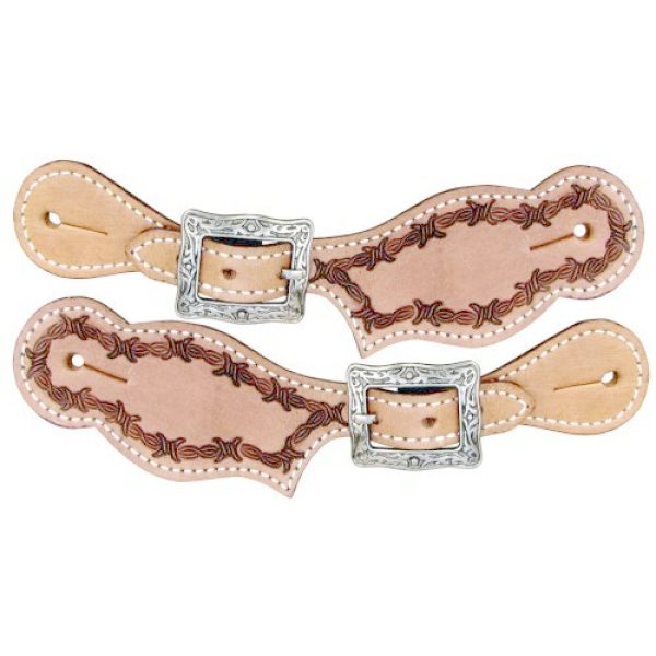 Showman YOUTH Size Adjustable SPUR STRAPS Barbwire Tooled Leather Nickel Buckle