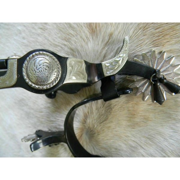 Showman Black Steel JINGLE BOB SPURS with Engraved SILVER & 1 3/4" ROWELS - Image 5