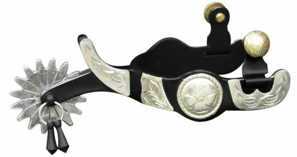 Mens Black Steel Western Jingle Bob Spurs Lots of Engraved Silver Show or Rodeo 