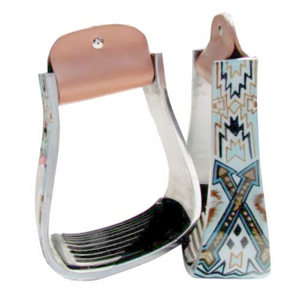 Showman Lightweight ALUMINUM Western STIRRUPS Navajo Arrow GOLD TEAL Design